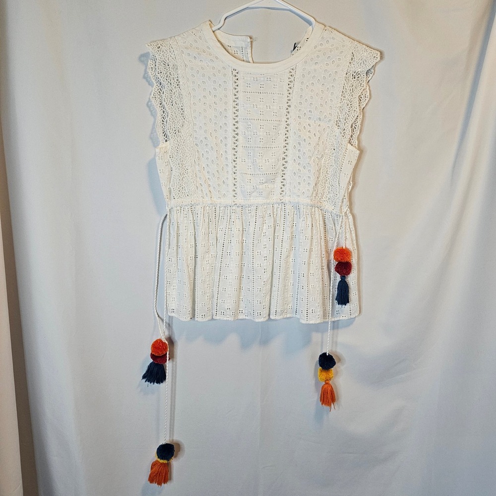 Zara Eyelet Peplum Top Women S White Boho Pom Pom Tassel Blouse DESC